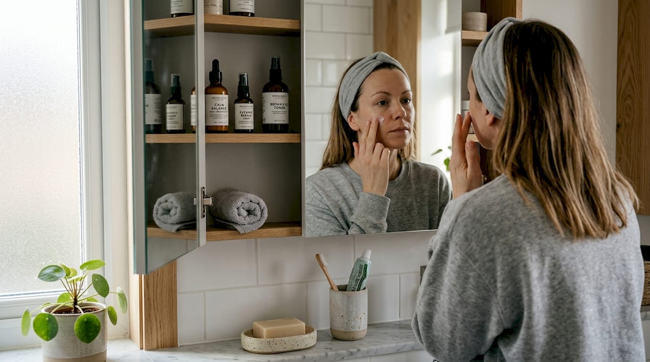 Woman applying skincare in home bathroom