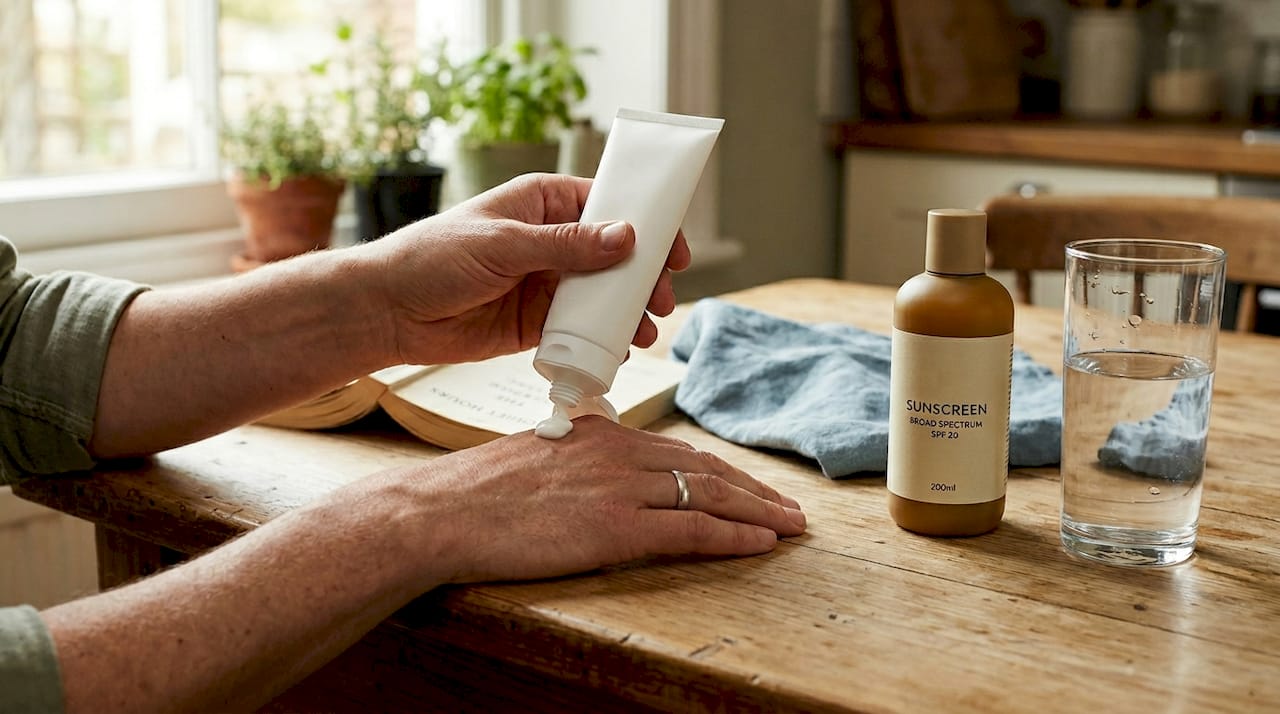 Hands applying moisturizer, SPF, water glass