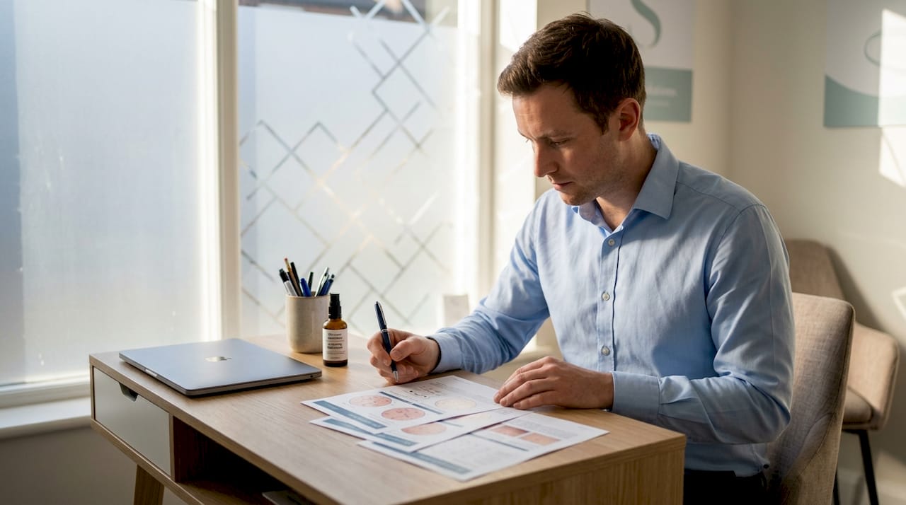 Skincare consultant reviews printed analysis charts