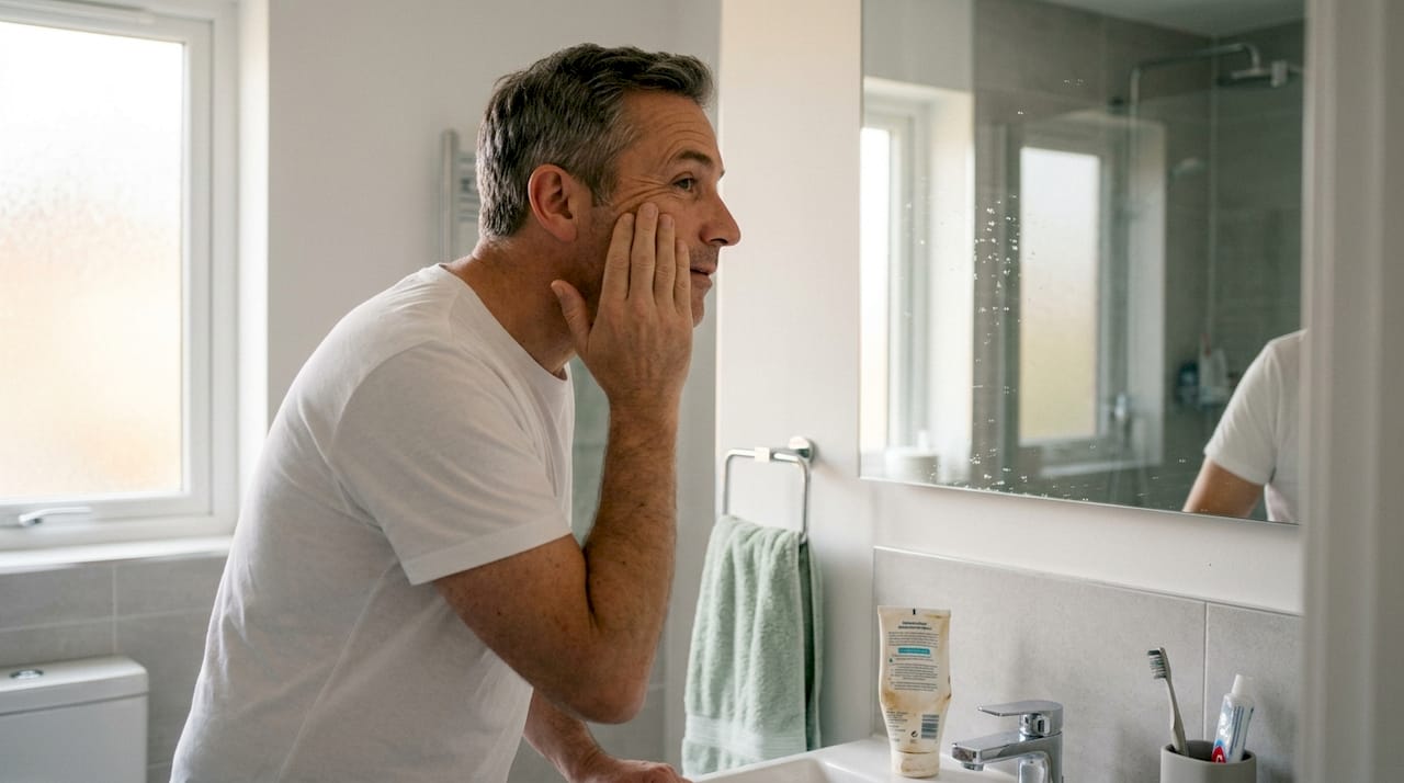 Man checking facial skin in bathroom mirror