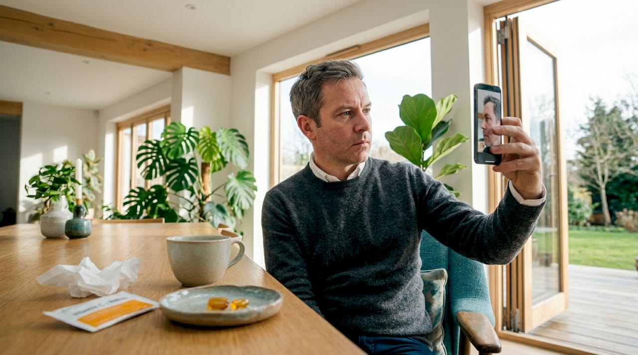 Man photographing cosmetic recovery at home