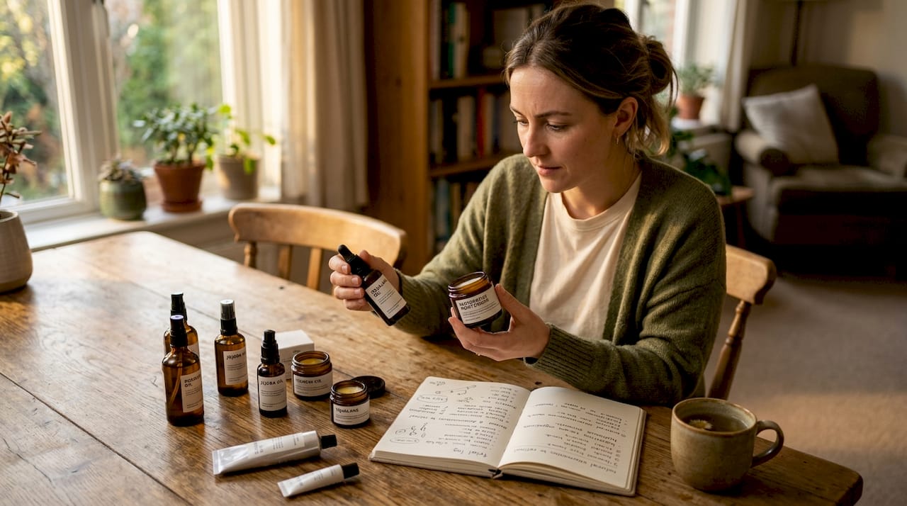 Woman examines moisturiser ingredients at kitchen table
