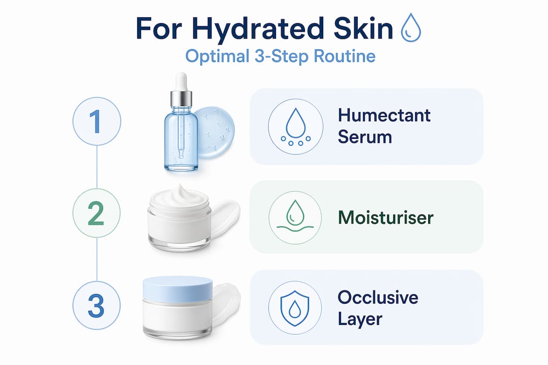 Infographic showing three-step skin hydration routine