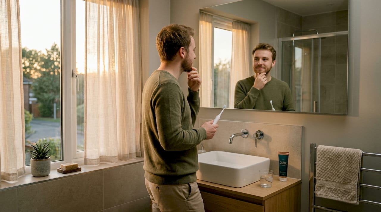 Man inspecting face in bathroom mirror