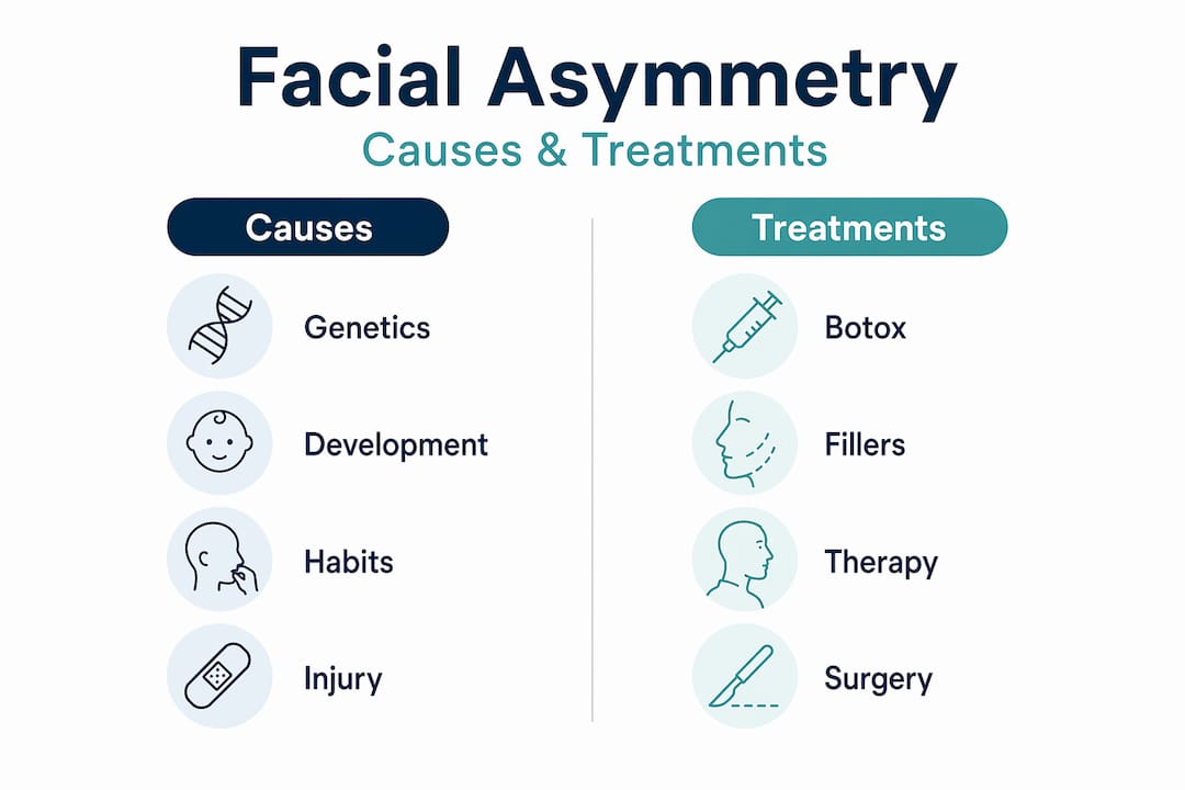 Infographic comparing causes and treatments of facial asymmetry