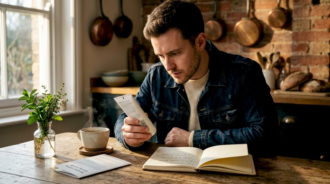 Man reading cosmeceutical product label in kitchen