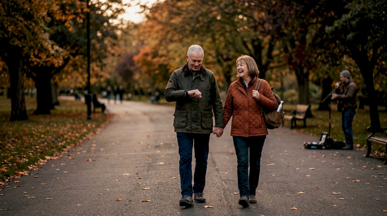 Older couple enjoying active park walk