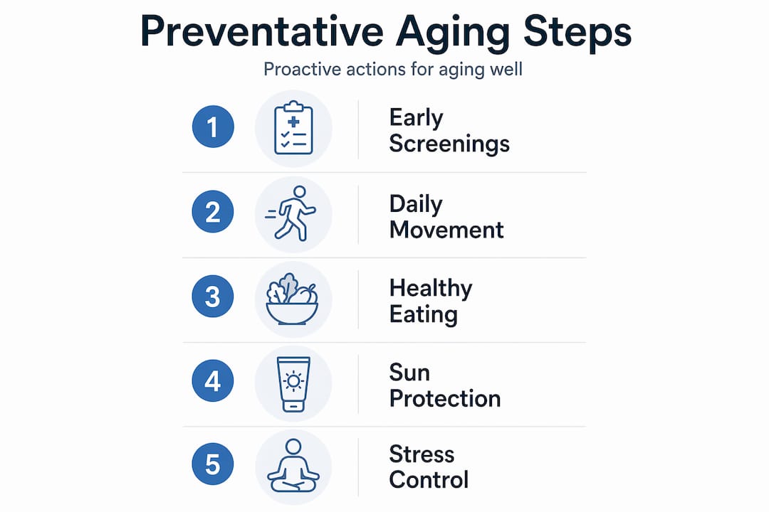 Vertical flow chart: steps for preventative aging