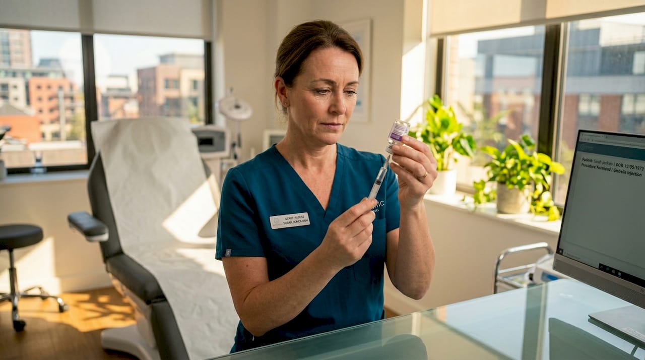 Nurse preparing neuromodulator injection in clinic