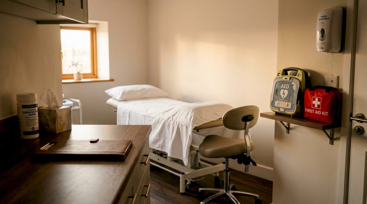 Medical spa treatment room with emergency gear