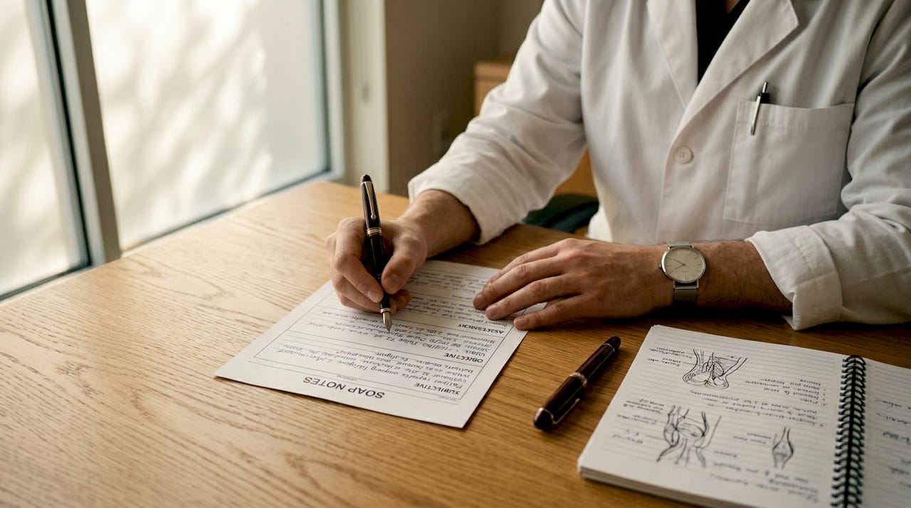Clinician writing structured medical consultation notes