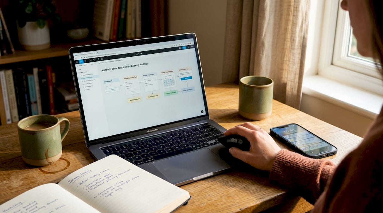 Laptop showing aesthetic clinic booking workflow diagram