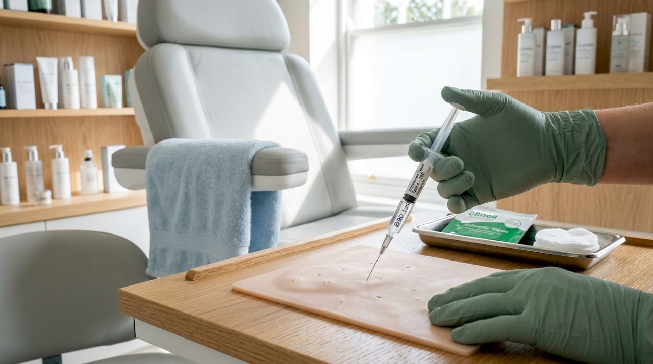 Gloved hand holding botulinum toxin syringe for injection
