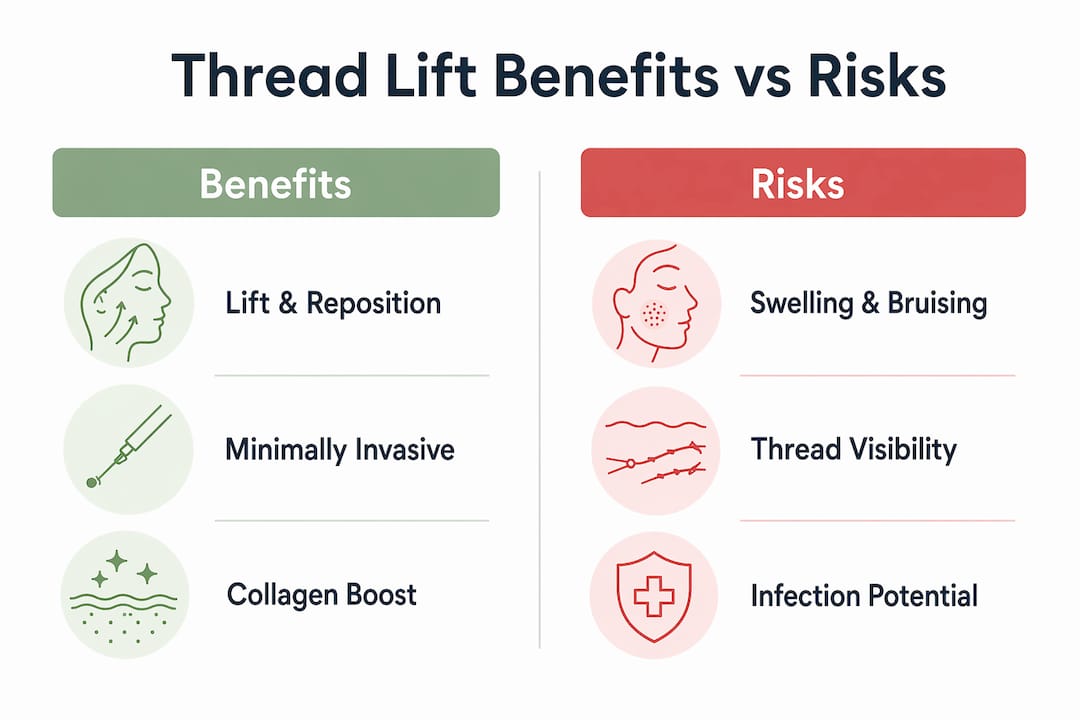 Infographic comparing thread lift benefits and risks