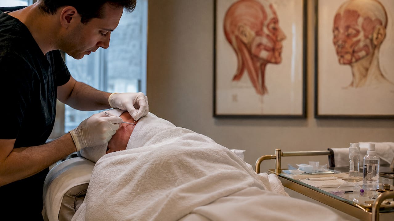 Doctor performing thread lift procedure on patient
