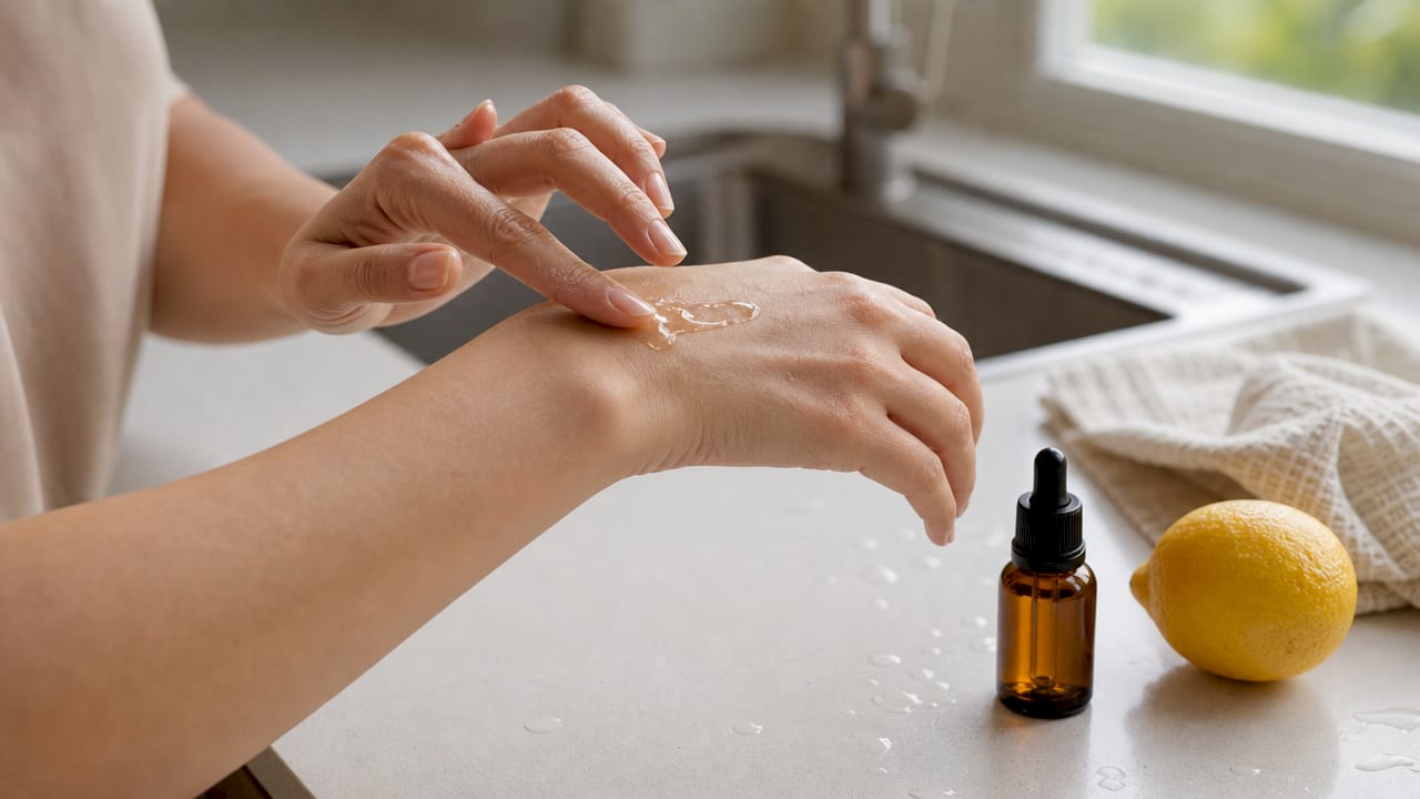 Applying vitamin C serum to skin on hand