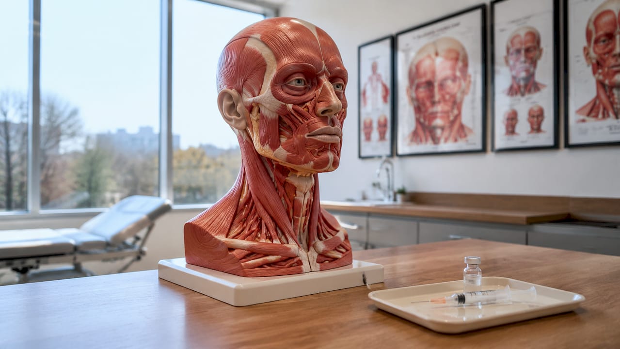 Anatomical model showing facial muscles for injections