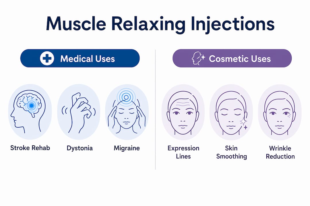 Infographic comparing medical and cosmetic uses of muscle injections