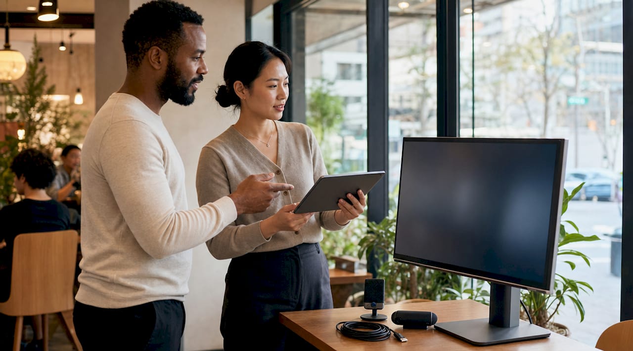Two healthcare workers preparing virtual consultation tech