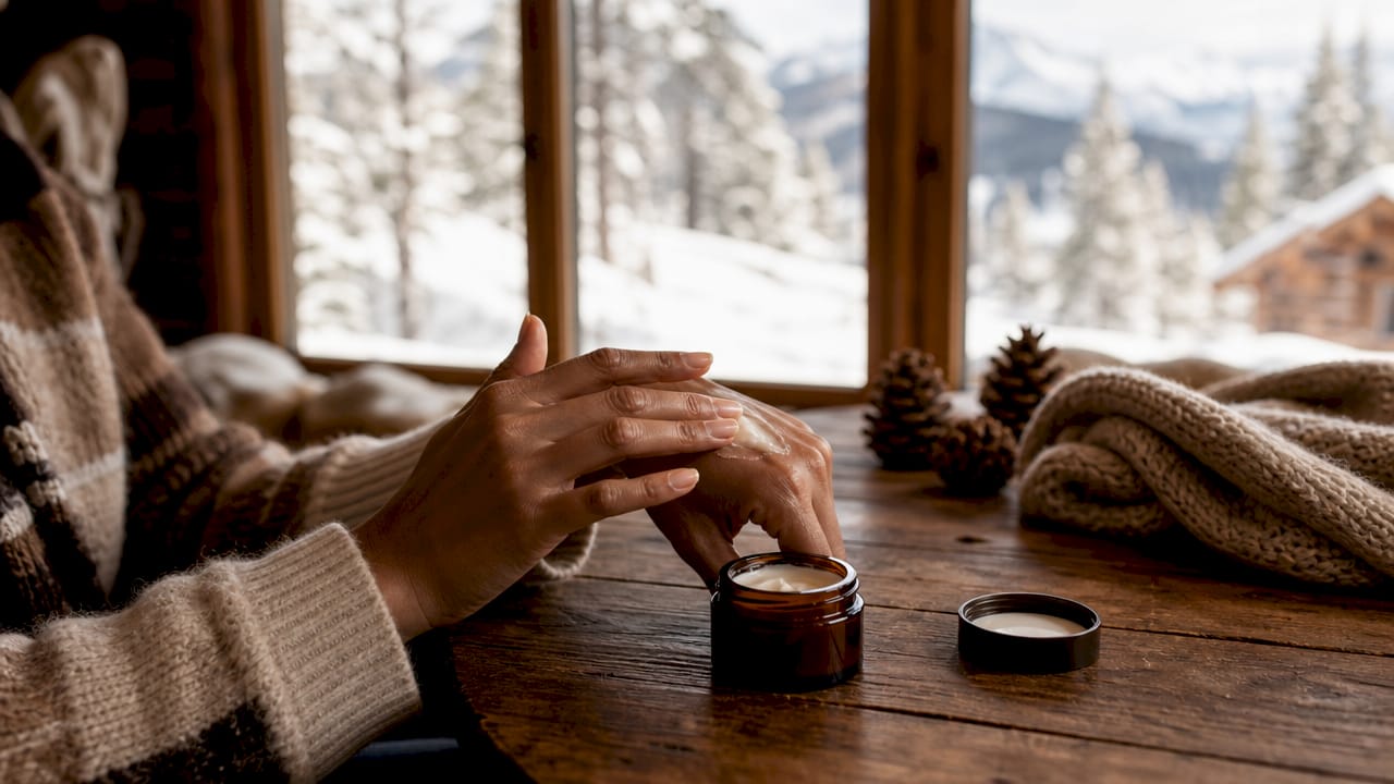 Hands applying sunscreen indoors with snowy background