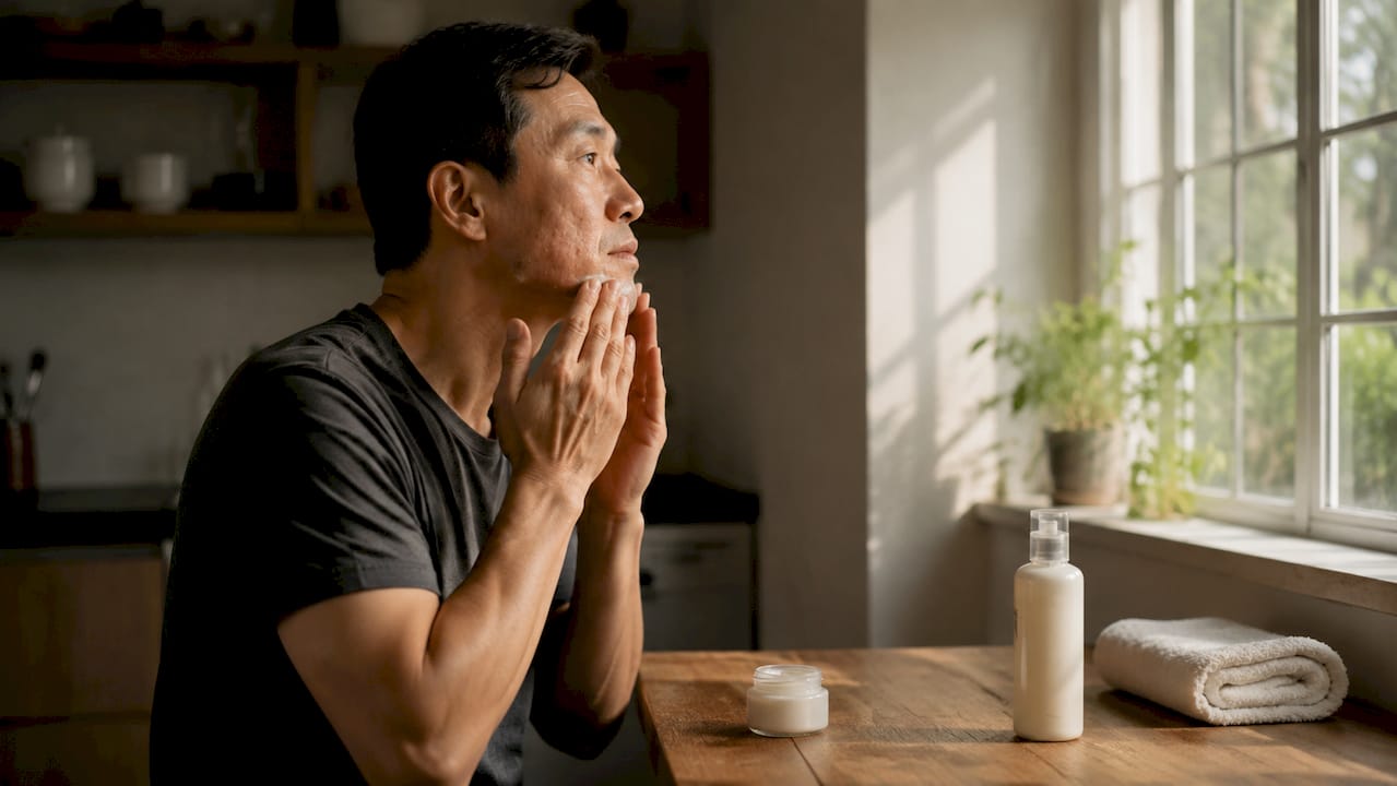 Man applying acne scar treatment cream