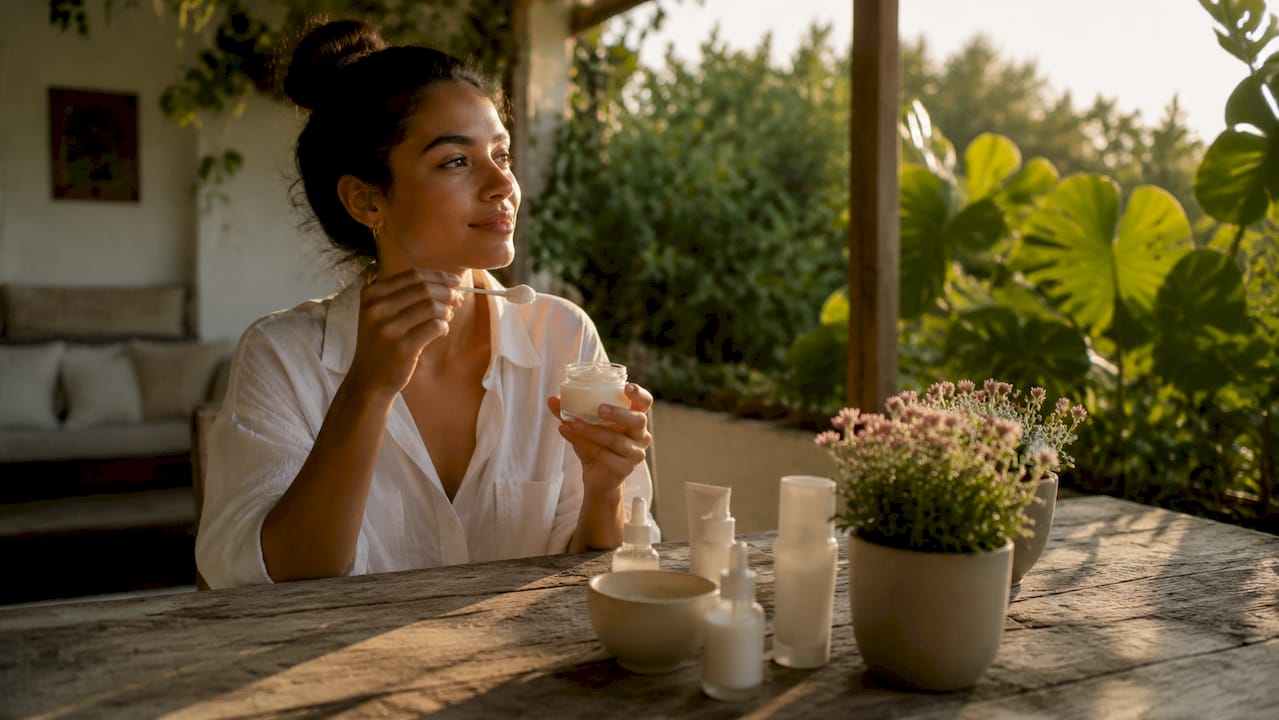 Woman applying vitamin C moisturizer at home
