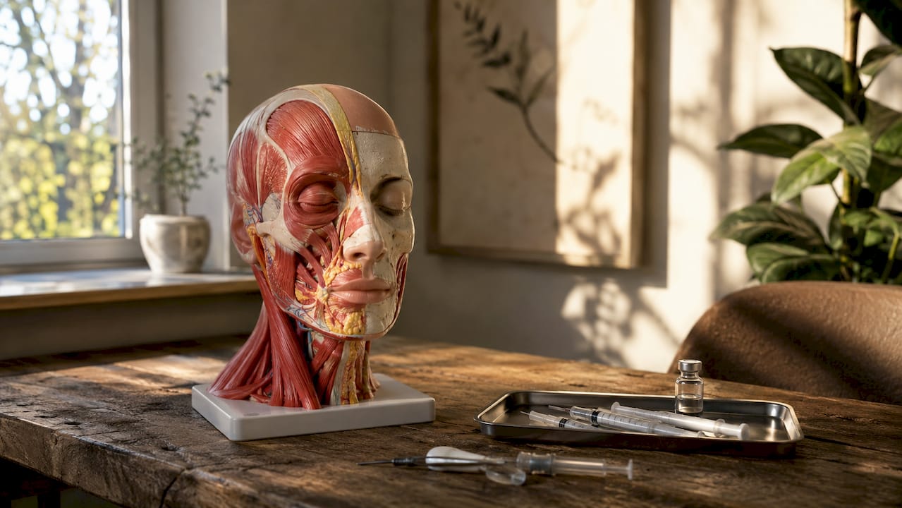 Close-up 3D facial anatomy model with cosmetic tools
