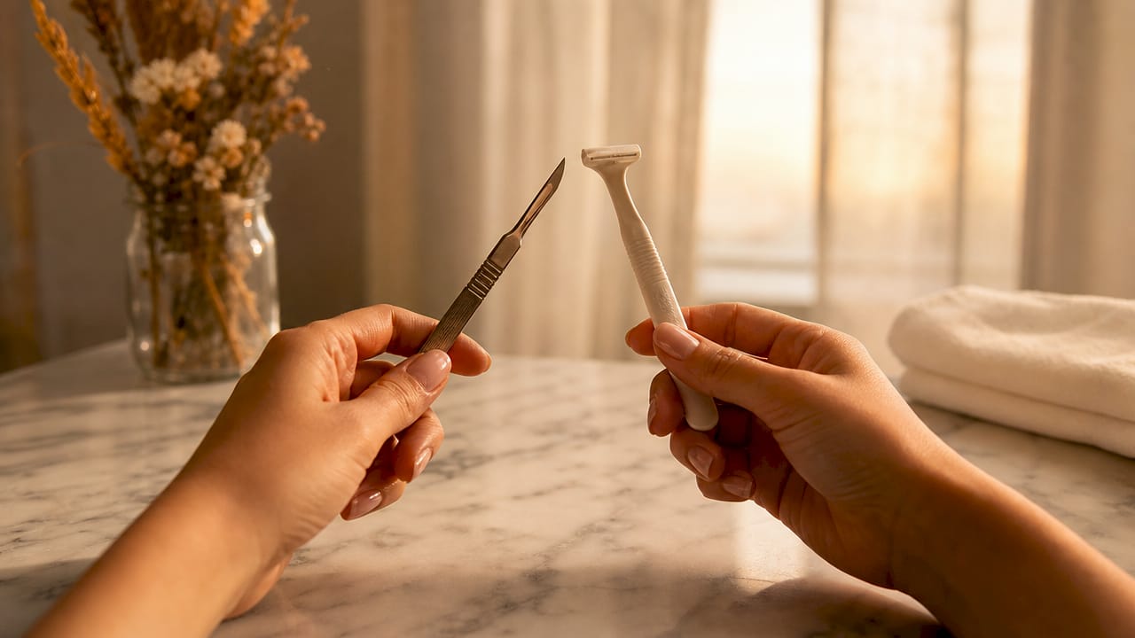 Close-up of two dermaplaning tools in hands