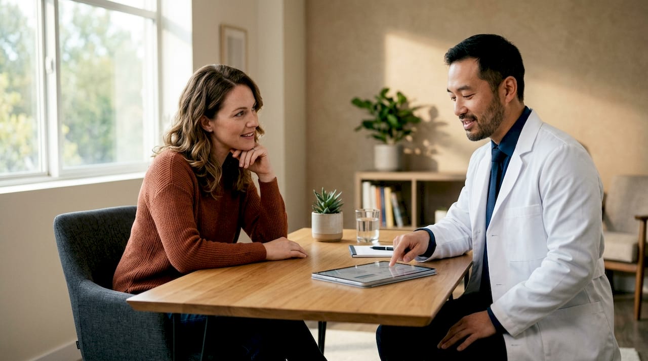 Patient and doctor discussing cosmetic consultation plan