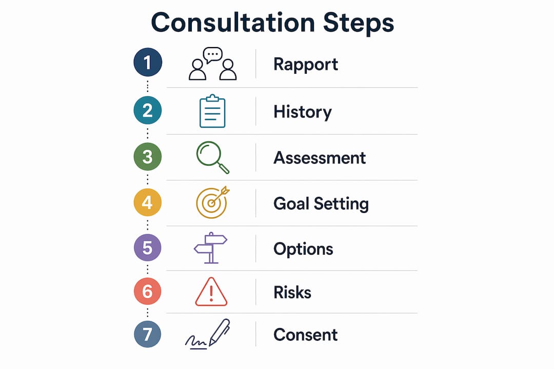 Infographic showing seven patient consultation steps