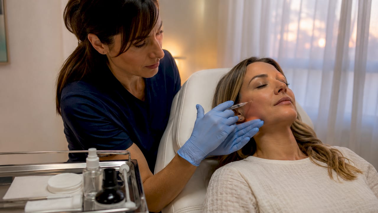 Practitioner preparing lip filler syringe in clinic