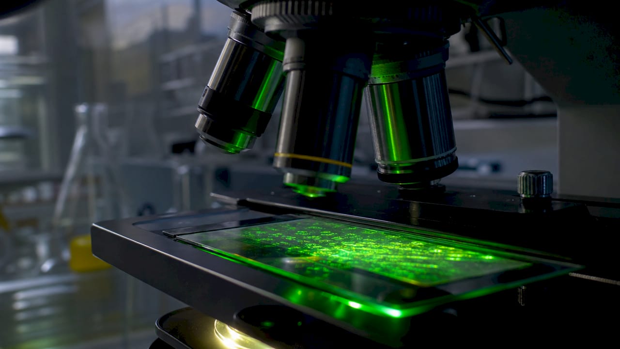 Microscopic view of skin cells illuminated by LED light