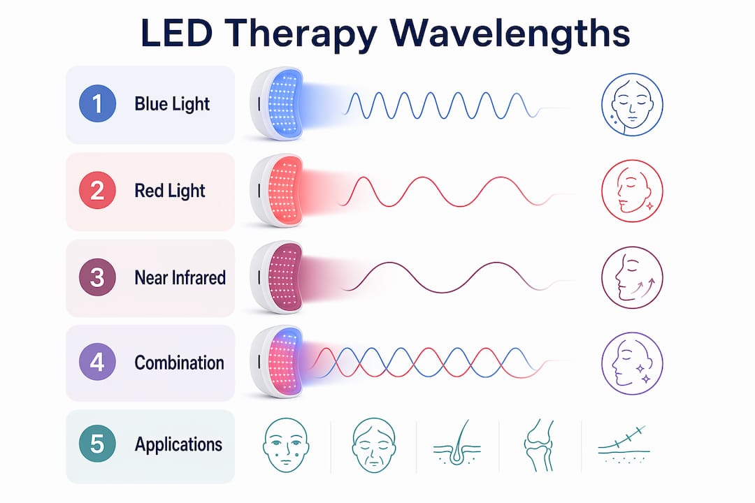 Infographic illustrating LED wavelengths and their skin benefits