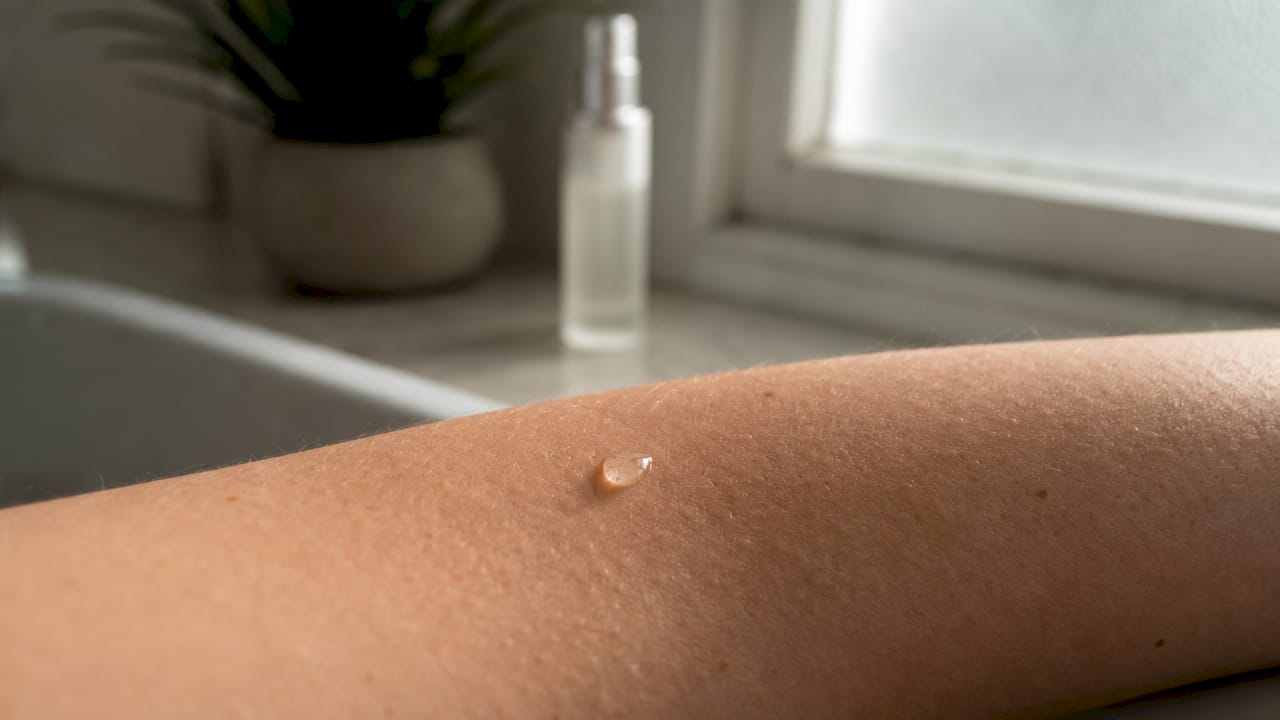 Close-up droplet on hydrated skin surface