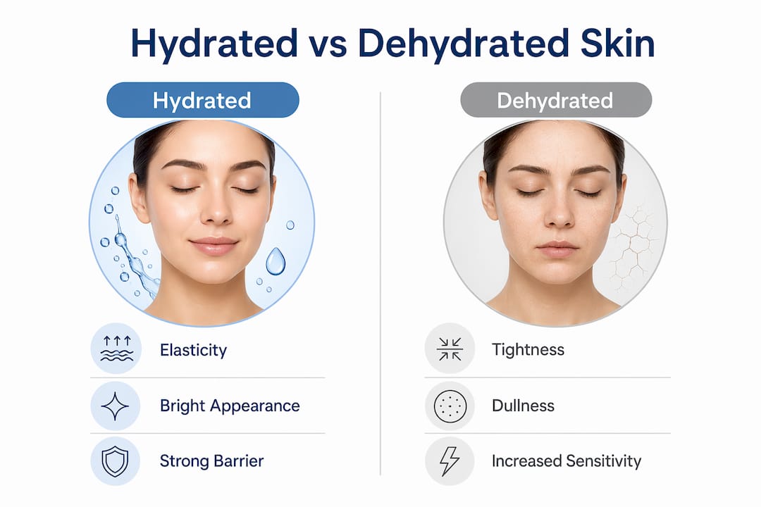 Infographic comparing hydrated and dehydrated skin effects