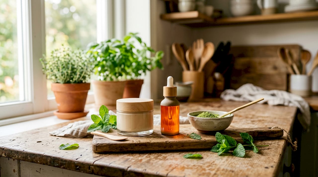 Skincare products and natural ingredients on table