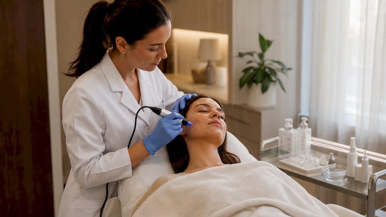 Close-up of microneedling treatment in clinic