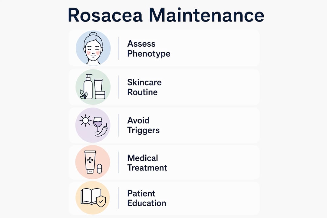 Infographic outlining rosacea long term maintenance steps