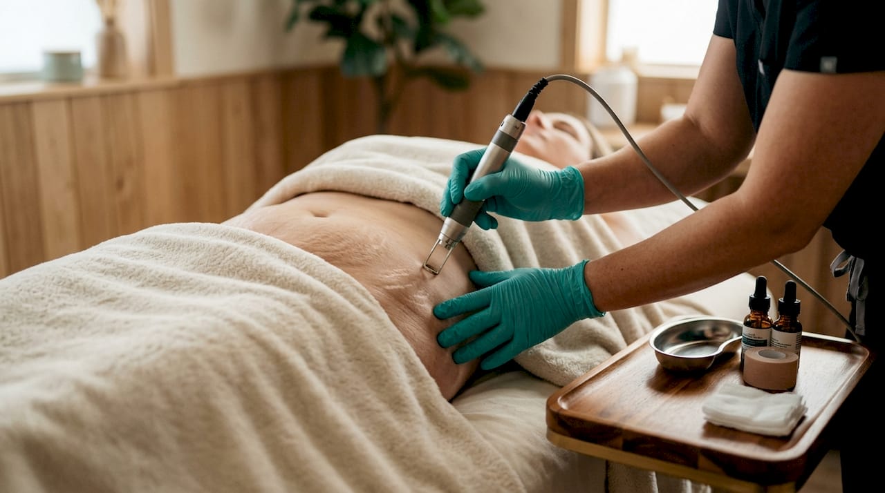 Hands applying fractional CO2 laser on stretch marks