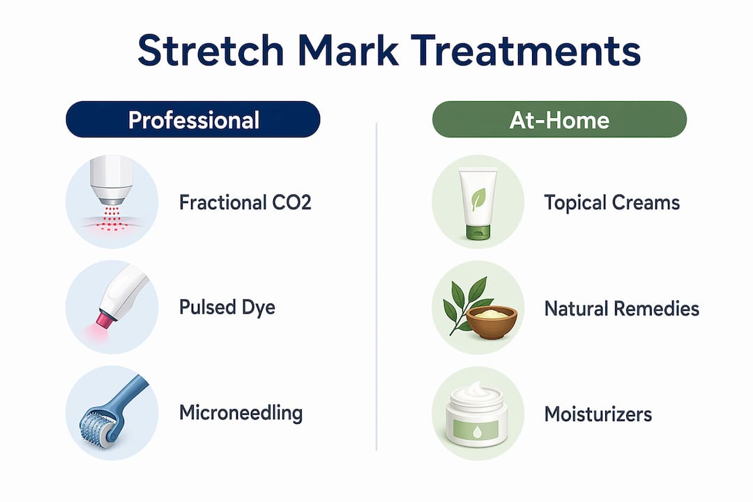 Infographic comparing professional and at-home stretch mark treatments