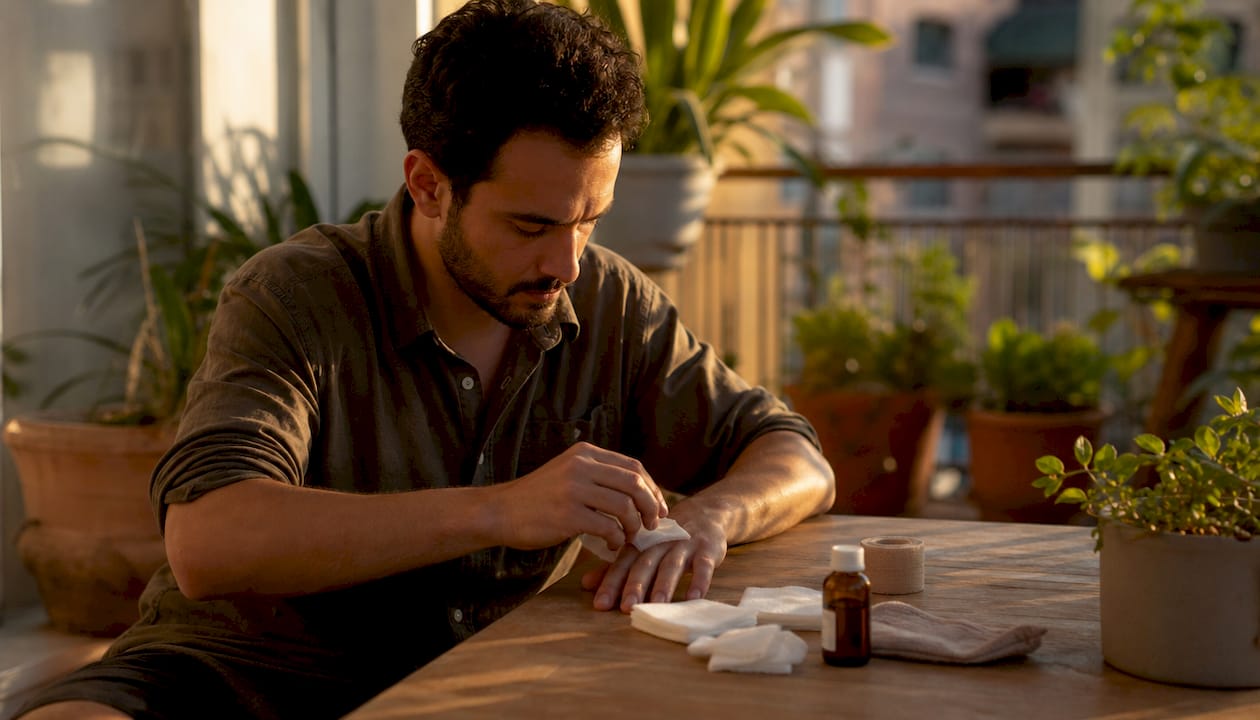 Man carefully cleaning wound at kitchen table