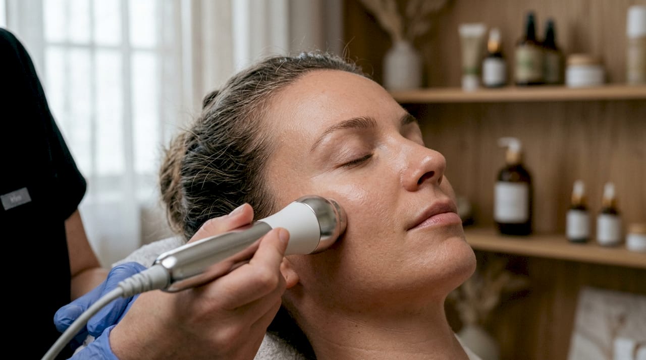 Close-up of RF device on cheek in treatment