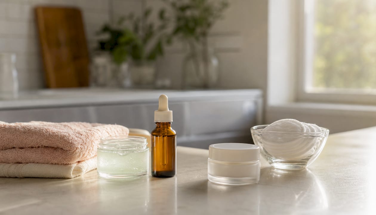 Redness-calming skincare products on bathroom countertop