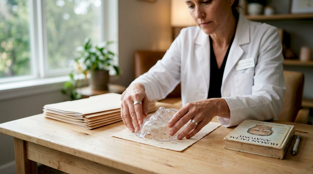 Clinician hands demonstrating facial anatomy for treatment