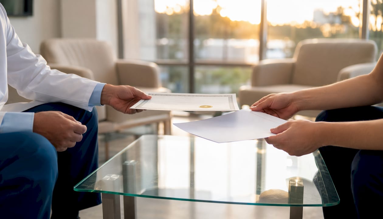 Hands exchanging medical certification documents