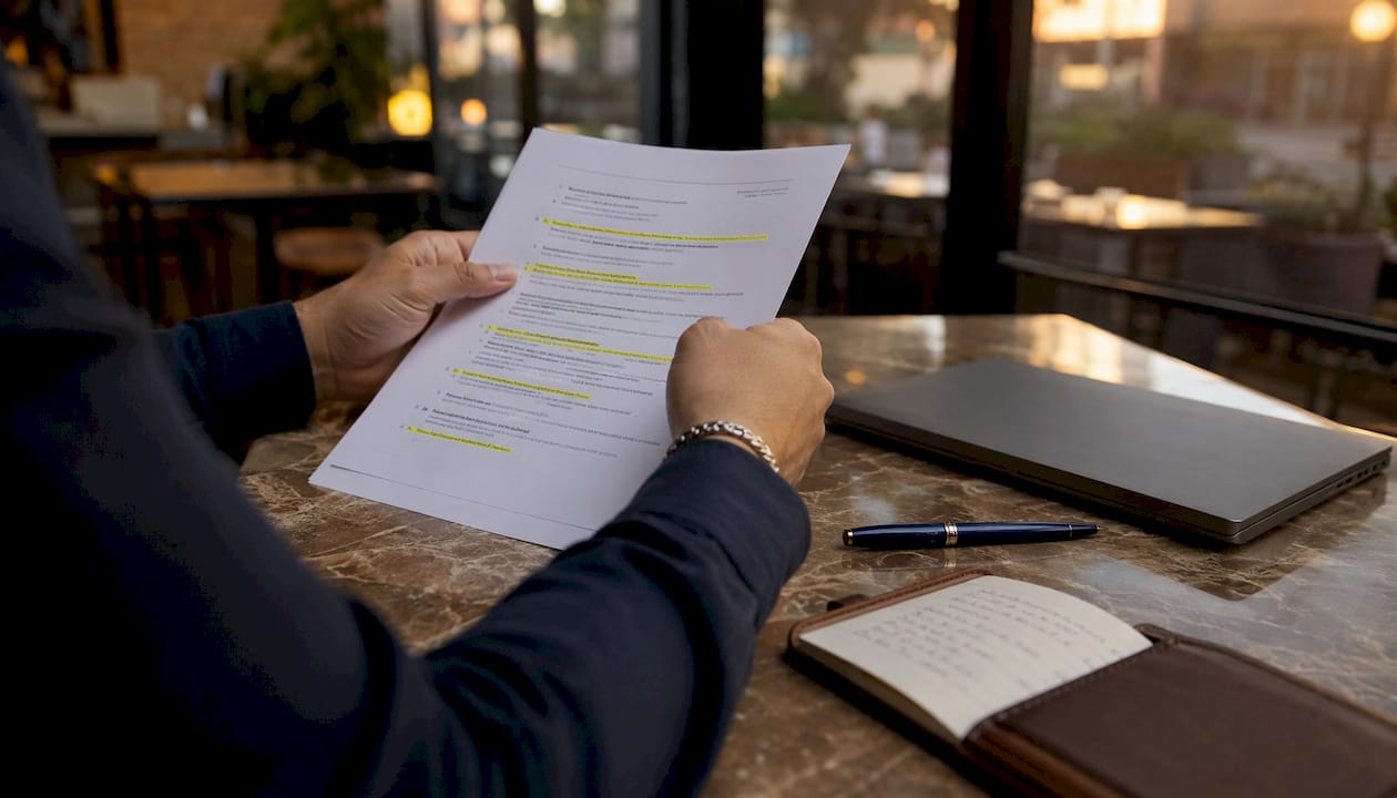 Hands holding consultation script on desk