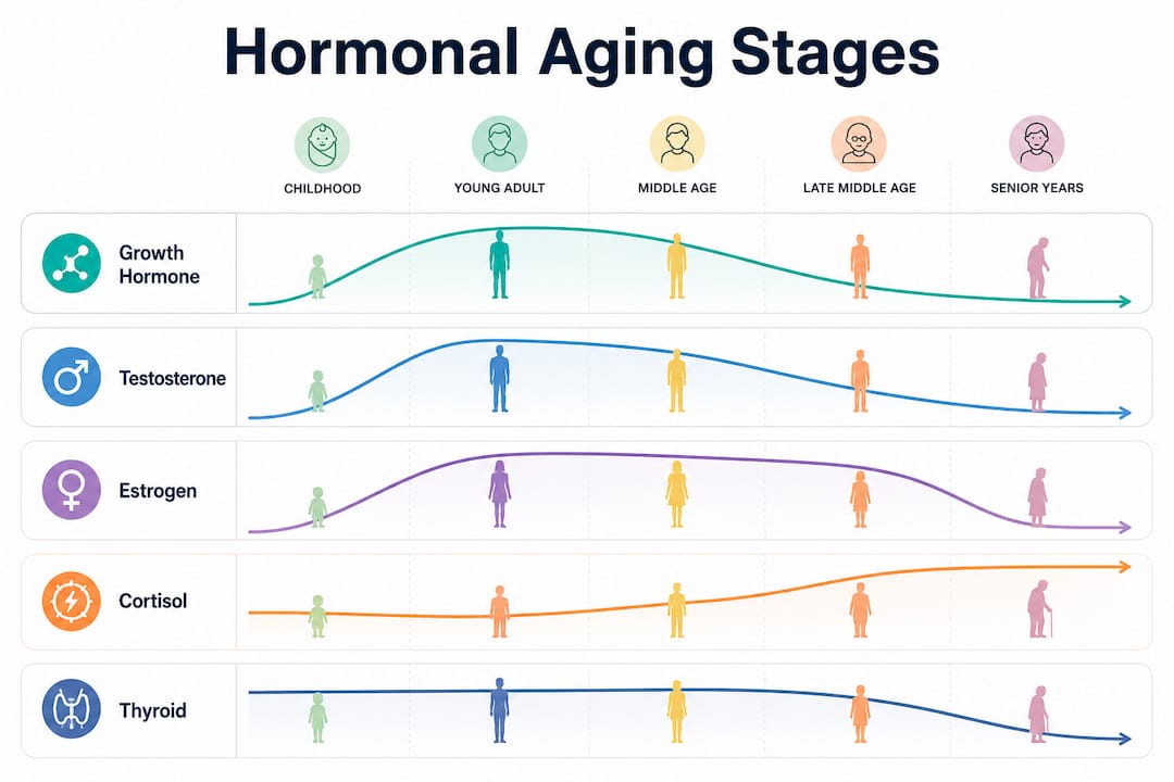 Infographic illustrating stages of hormonal changes in aging