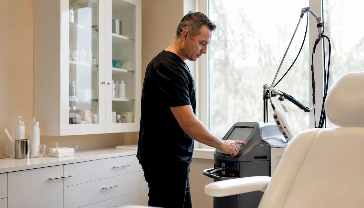 Technician adjusting laser device in vein therapy clinic