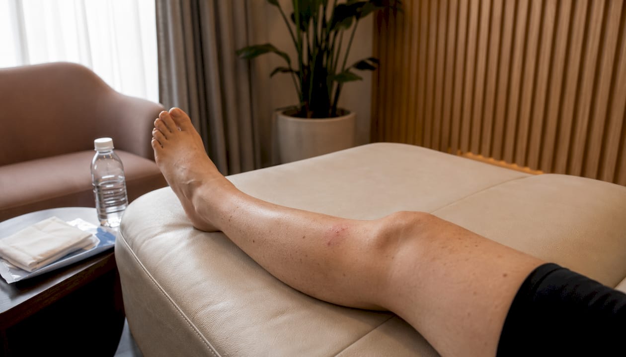 Close-up leg injection site after sclerotherapy