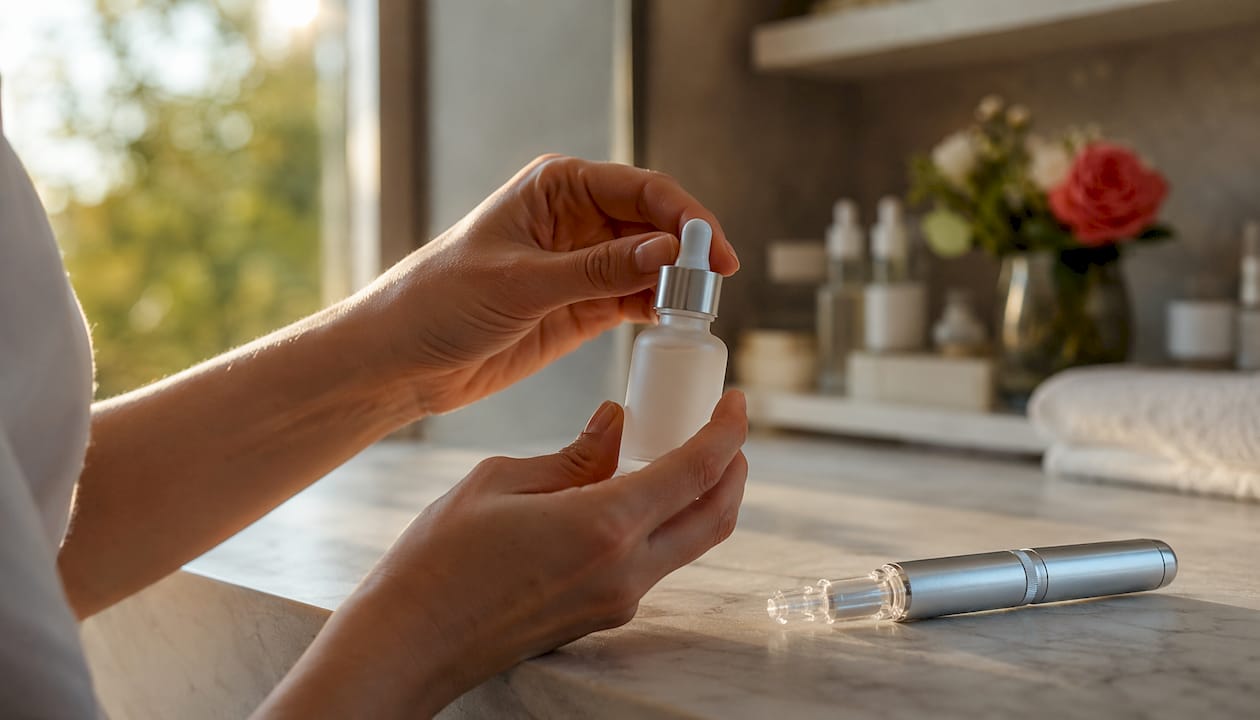 Hands holding serum bottle with microneedling pen nearby